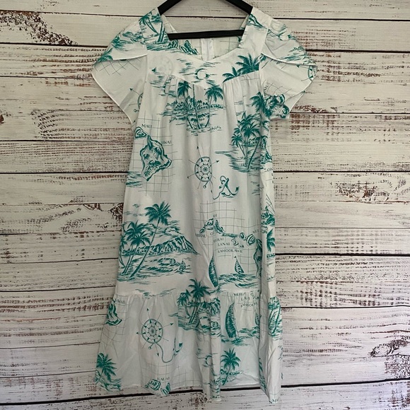 Vintage Hawaii Kole Kole Ruffled Turquoise Map print Dress with pocket - Picture 15 of 15